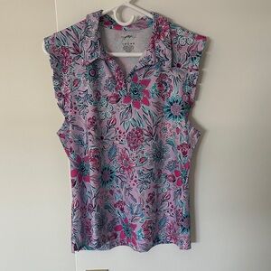Gottex Pink and Teal Floral Sleeveless Polo Tank